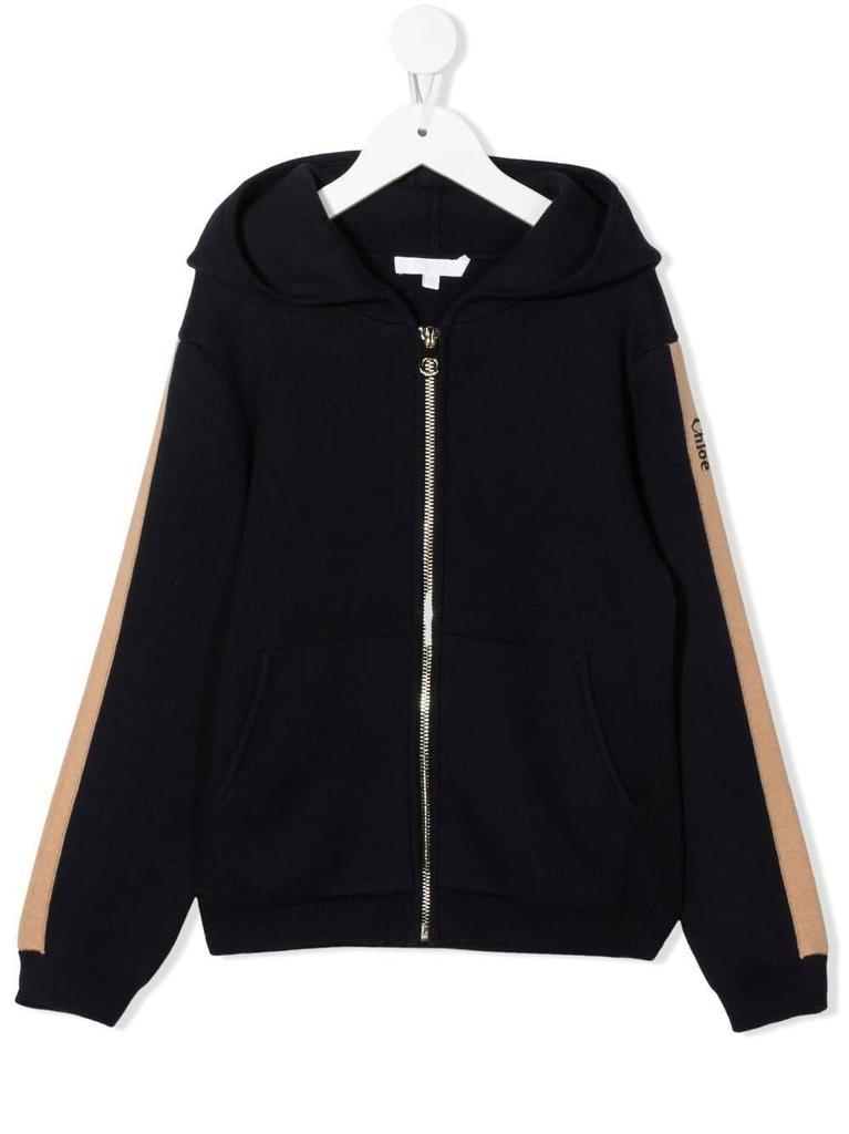 商品Chloé|Chloé Kids Navy Blue Zipped Hoodie With Contrast Stripes,价格¥1606,第1张图片