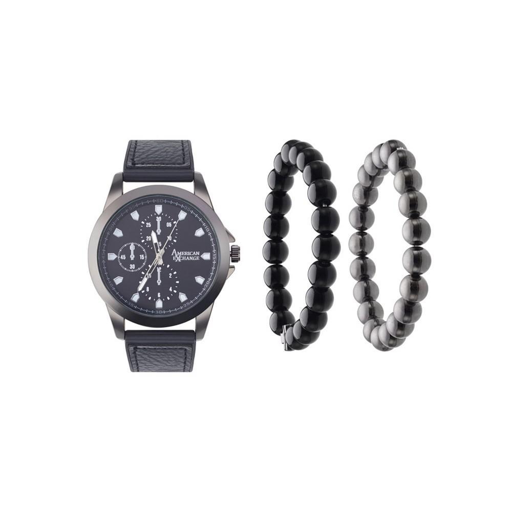 商品American Exchange|Men's Quartz Movement Black Leather Analog Watch, 47mm and Stackable Bracelet Set with Zippered Pouch,价格¥295,第1张图片