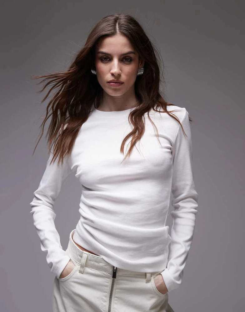 商品Topshop|Topshop hitched side long sleeve top in ivory,价格¥123,第1张图片