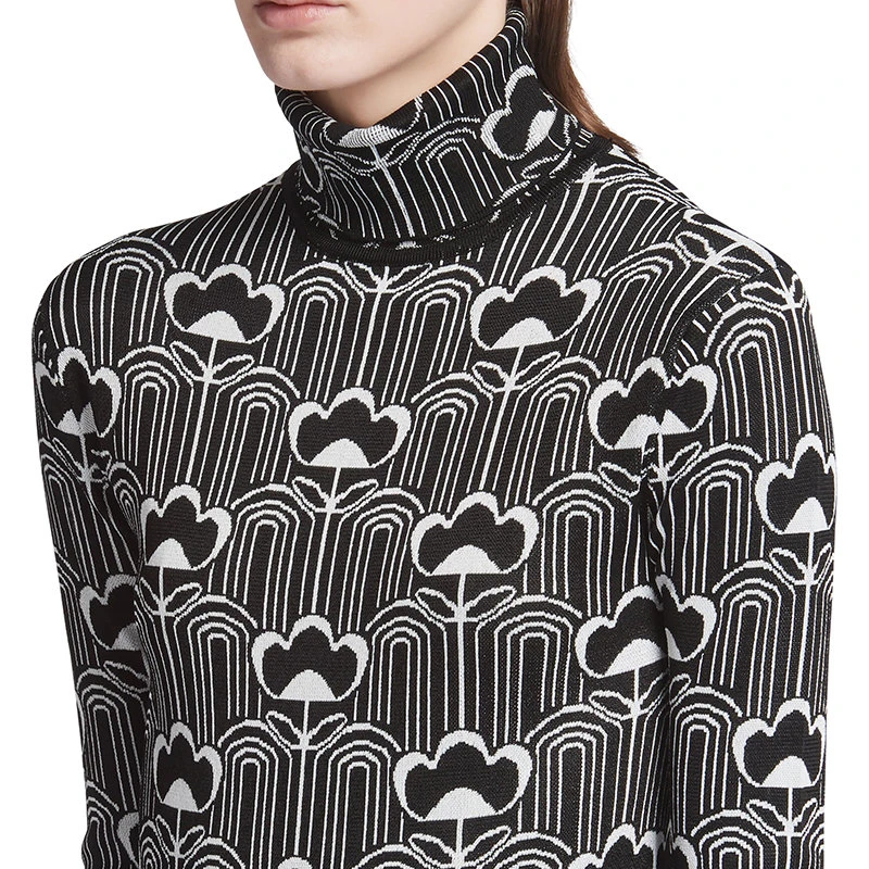 【预售3-7天】【包税】PRADA/普拉达 21年秋冬新款 女士黑白复古风修身提花长袖高领毛衣P26421_1ZX3_F0967_S_212 商品