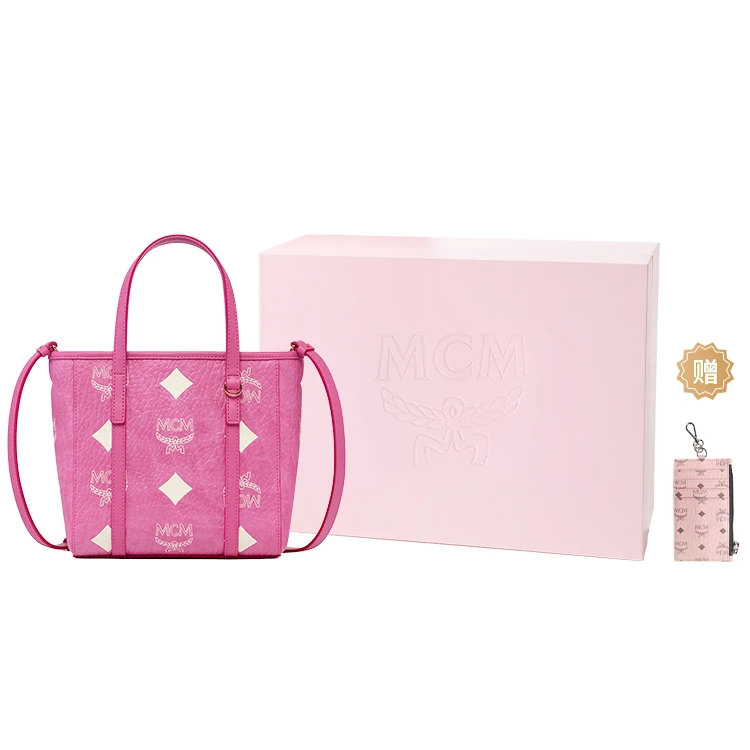 商品[国内直发] MCM|Toni 经典老花满印菜篮子  托特Tote斜挎购物袋单肩手提包 迷你 女款 玫红色 牛皮拼织物拼人造革,价格¥5256,第7张图片详细描述