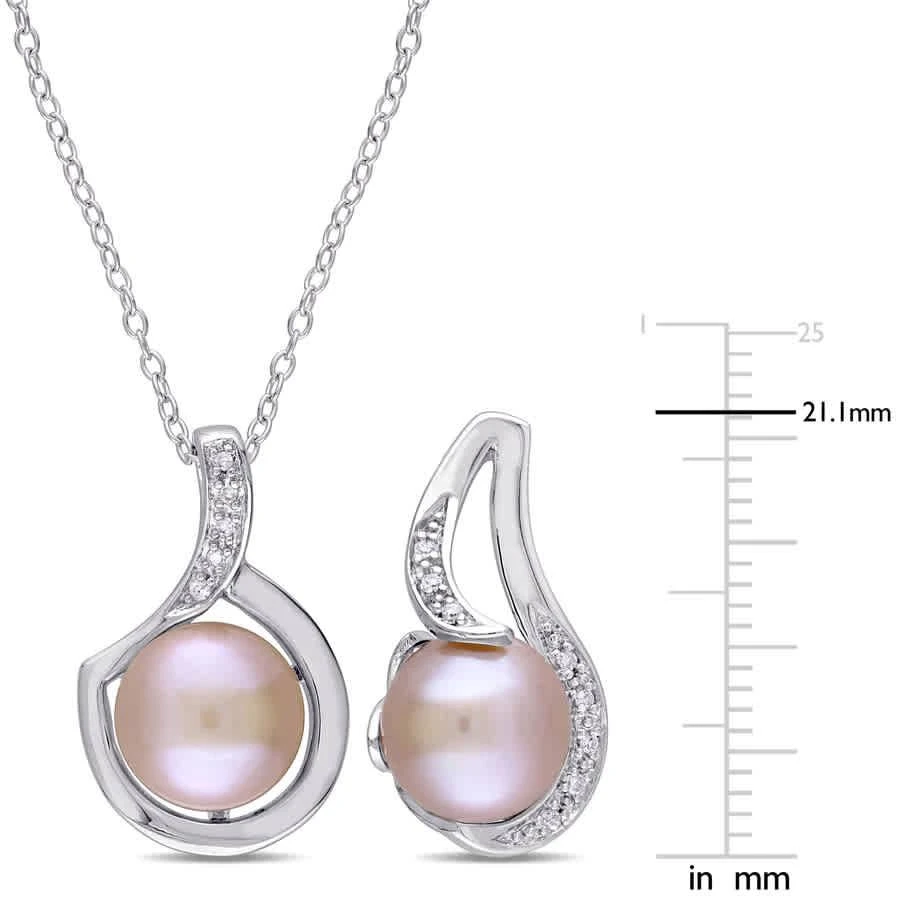 商品Amour|2-piece Set Of 9 - 9.5 Mm Pink Cultured Freshwater Pearl and 1/10 CT TW Diamond Halo Earrings and Pendant with Chain In Sterling Silver,价格¥817,第2张图片详细描述