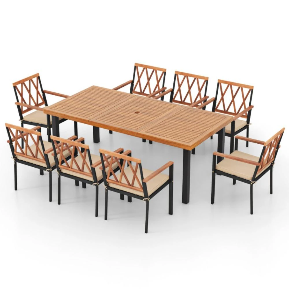 商品Hivvago|9 Pieces Patio Dining Set 39.5 Inch Acacia Wood Table with Umbrella Hole and 22.5-Inch Wide Chairs,价格¥6787,第1张图片