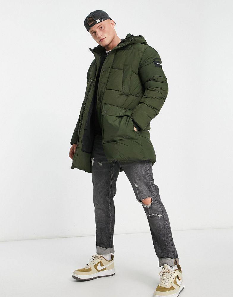 Calvin Klein crinkle nylon longline hooded puffer jacket in dark green商品第1张图片规格展示