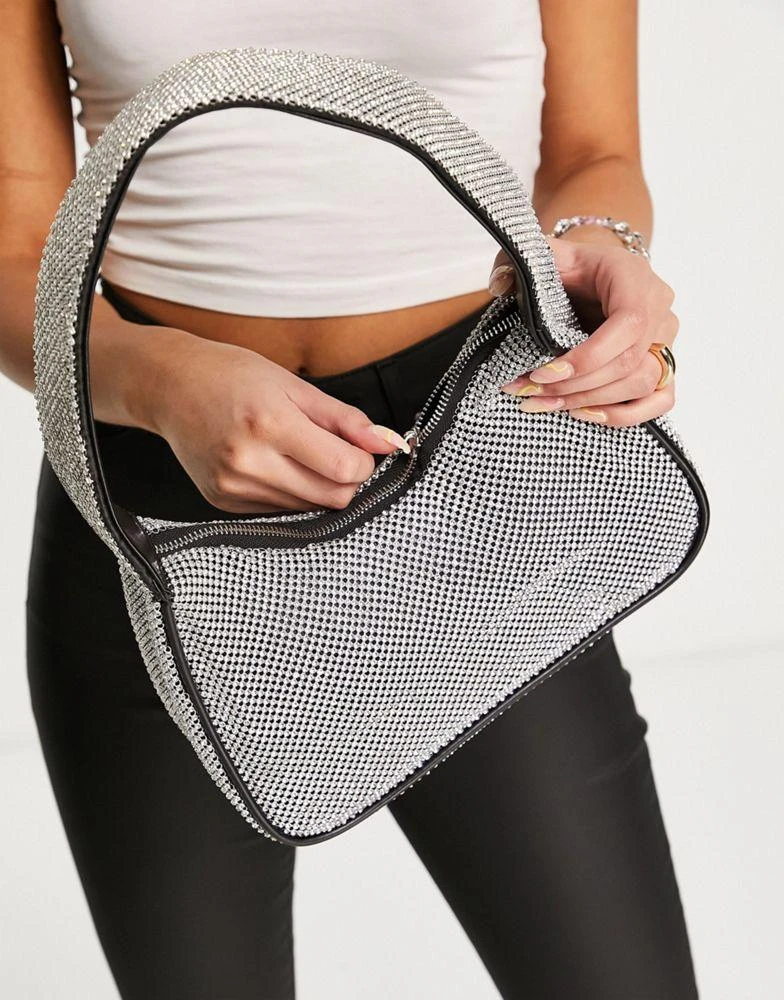 商品ASOS|ASOS DESIGN 90s shoulder bag with diamante in silver ,价格¥159,第2张图片详细描述