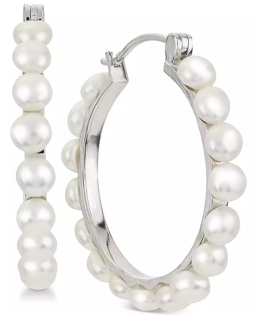 商品Macy's|Cultured Button Freshwater Pearl (4mm) Hoop Earrings in Sterling Silver,价格¥723,第1张图片