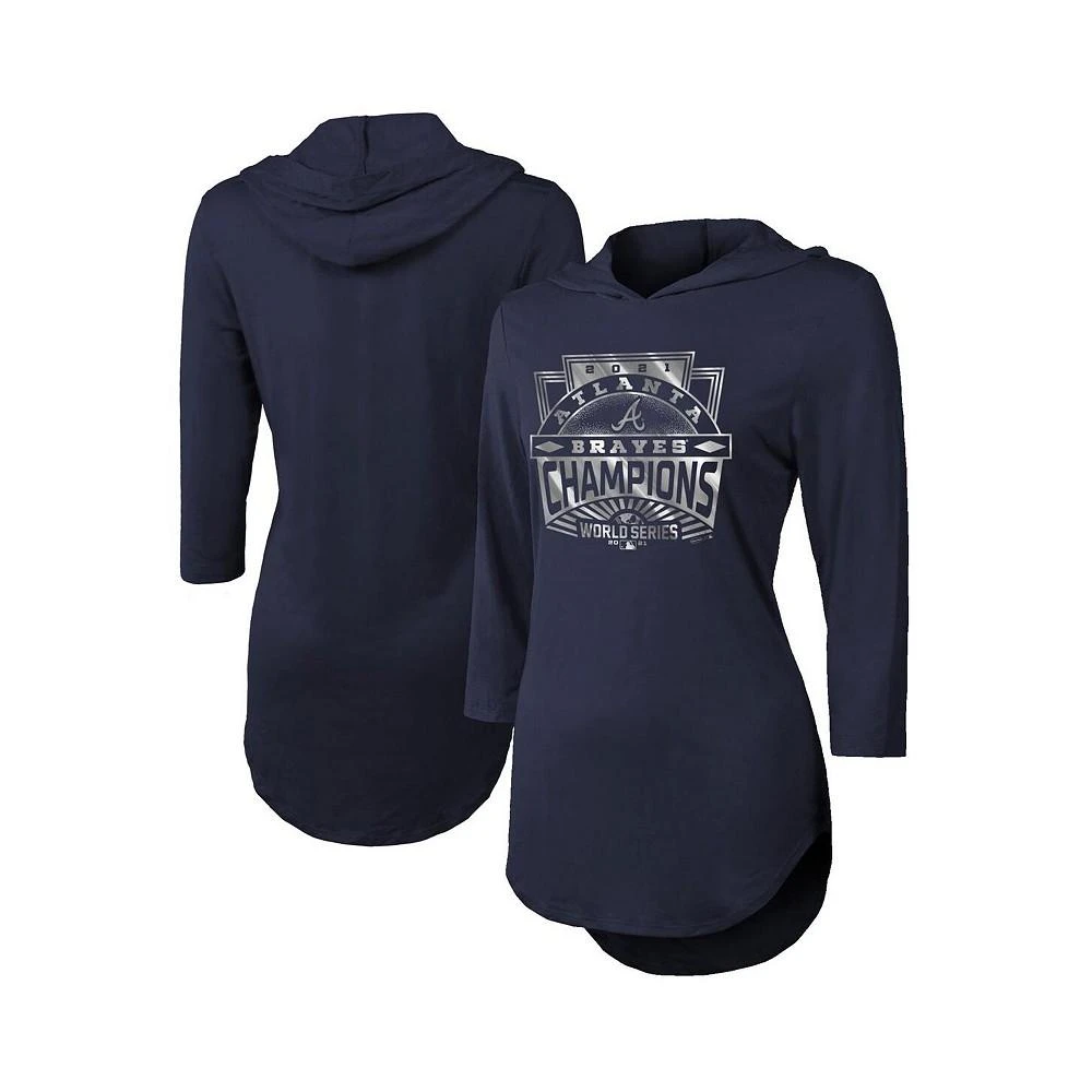 商品Majestic|Women's Threads Navy Atlanta Braves 2021 World Series Champions Hilo 3/4-Sleeve Hoodie T-shirt,价格¥549,第1张图片