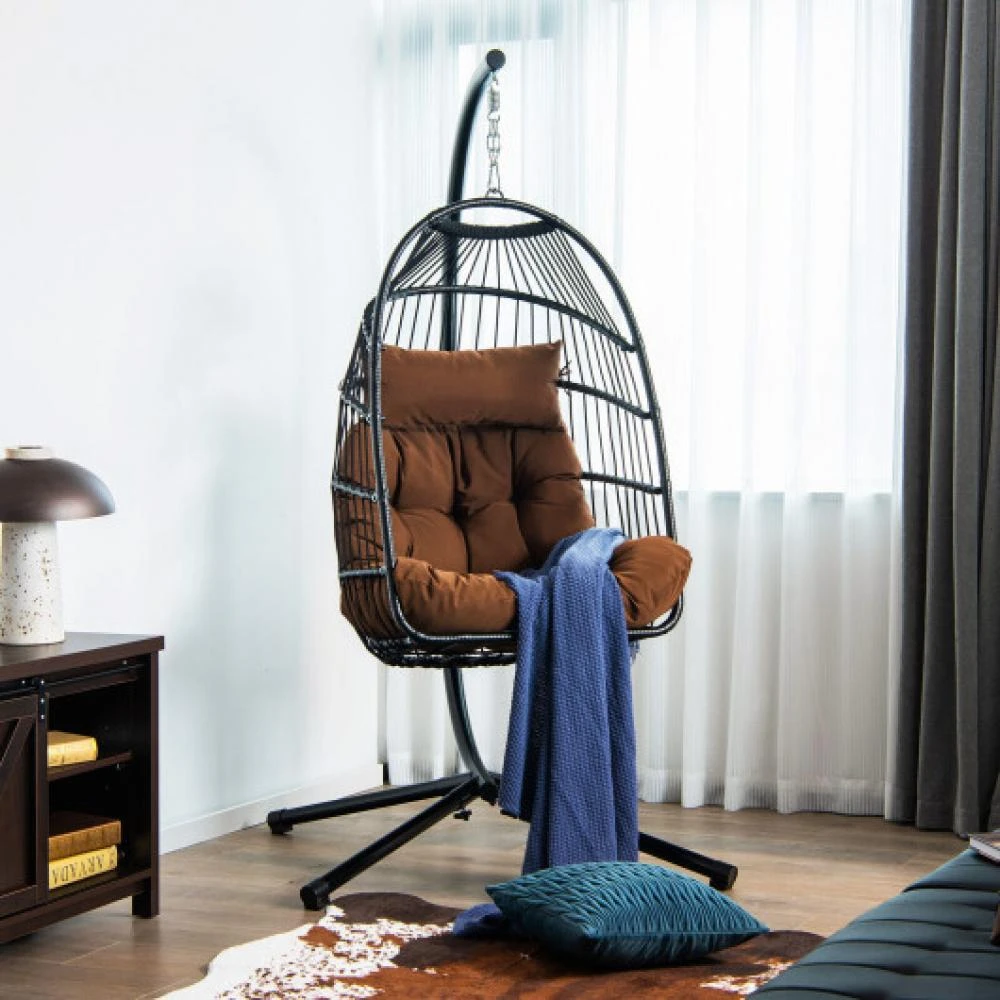 商品Hivvago|Patio Hanging Egg Chair with Stand Waterproof Cover and Folding Basket-Gray,价格¥2915,第1张图片