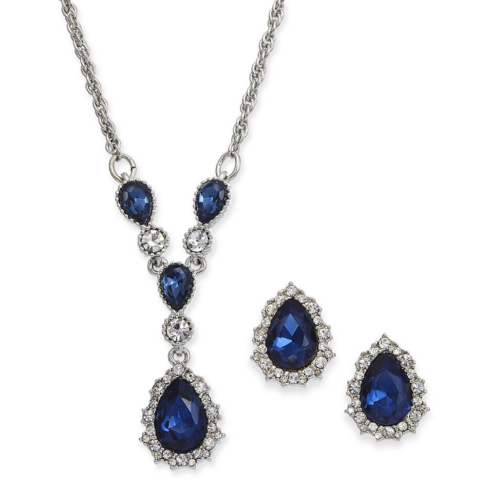 Silver-Tone Crystal and Stone Lariat Necklace & Stud Earrings Set, 17" + 2" extender, Created for Macy's商品第1张图片规格展示