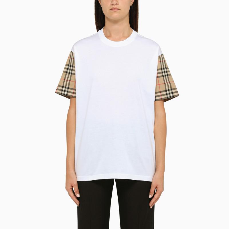 商品Burberry|White t-shirt with Vintage Check sleeves,价格¥3444,第1张图片