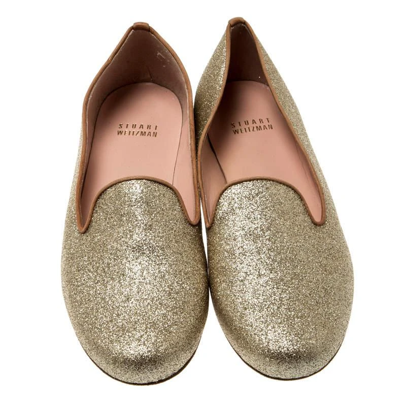 商品[二手商品] Stuart Weitzman|Stuart Weitzman Metallic Gold Glitter Smoking Slippers Size 37.5,价格¥758,第3张图片详细描述
