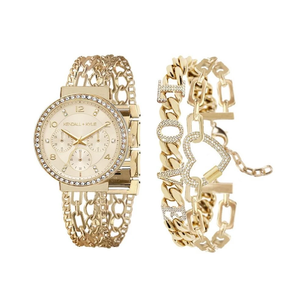 商品KENDALL & KYLIE|Women's Two-Tone Gold and White Crystal 'Love' Stainless Steel Strap Analog Watch and Bracelet Set,价格¥151,第1张图片