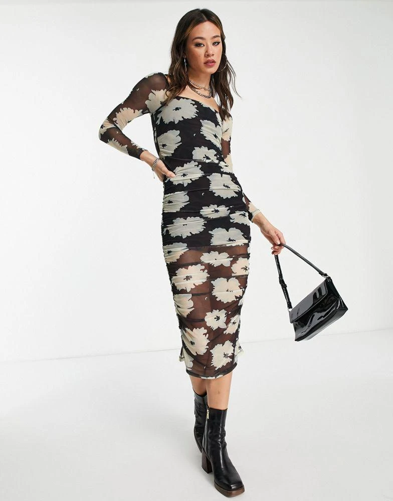 商品Topshop|Topshop 70s floral mesh ruched midi dress in multi,价格¥263,第1张图片