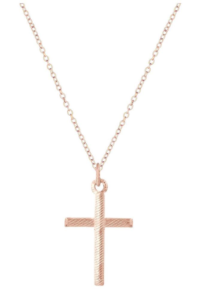 18K Rose Gold Plated Sterling Silver Ribbed Cross Pendant商品第1张图片规格展示