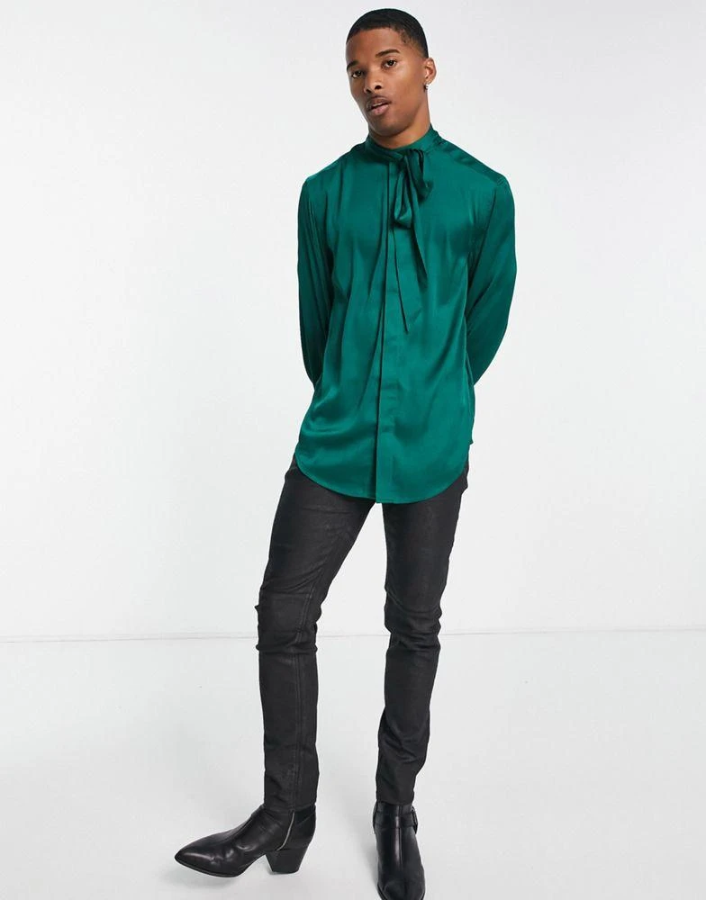 商品ASOS|ASOS DESIGN satin shirt with tie neck and blouson volume sleeve in jewel green,价格¥168,第3张图片详细描述