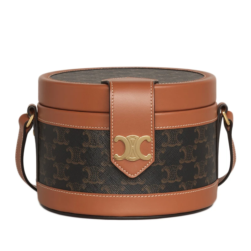 CELINE/赛琳   TAMBOUR系列 女士中号凯旋门帆布棕色小牛皮桶包单肩包 商品