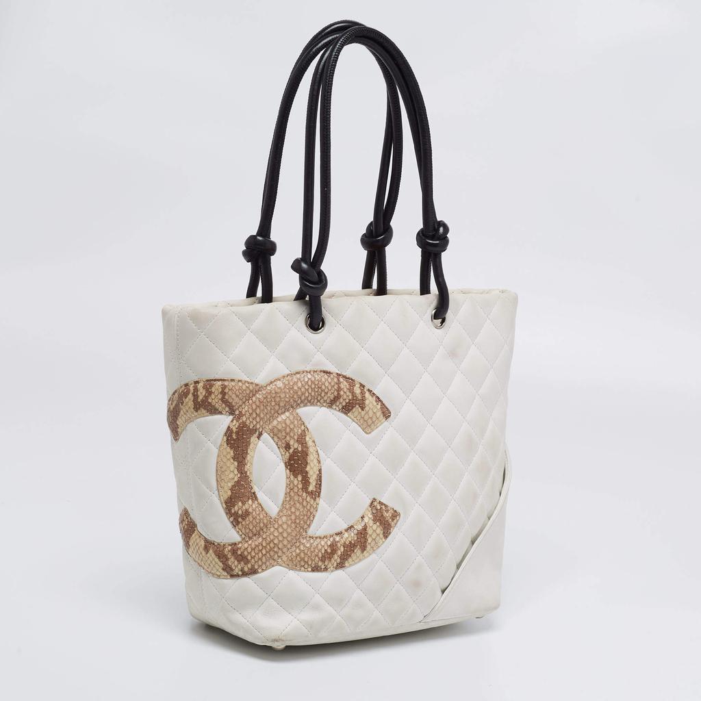 Chanel White/Black Quilted Leather and Python Embossed Small Ligne Cambon Tote商品第3张图片规格展示