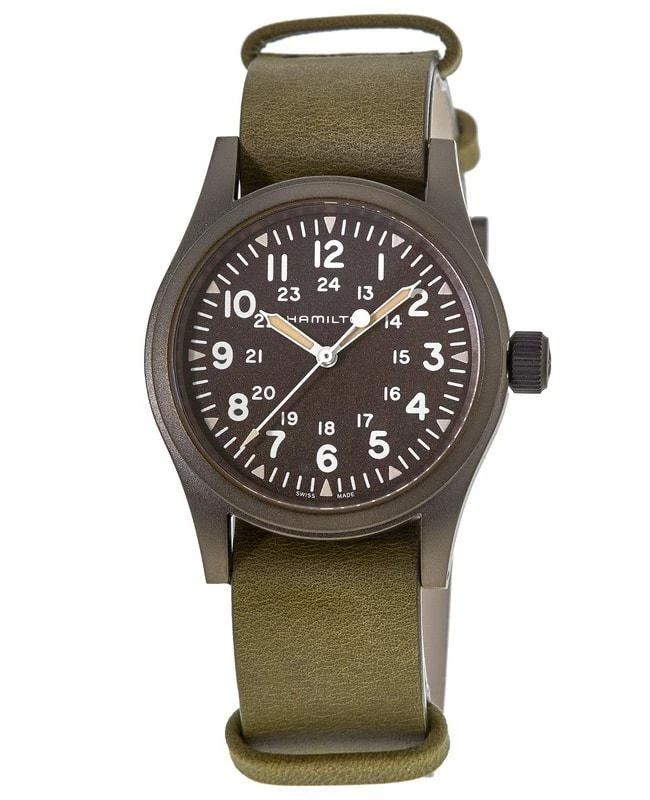 商品Hamilton|Hamilton Khaki Field Mechanical Brown Dial Green Leather Strap Men's Watch H69449861,价格¥3601,第1张图片