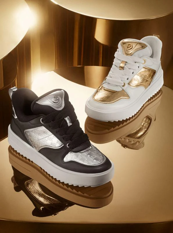 商品Michael Kors|Rumi Leather and Logo-Embossed Metallic Platform Sneakers,价格¥421,第5张图片详细描述