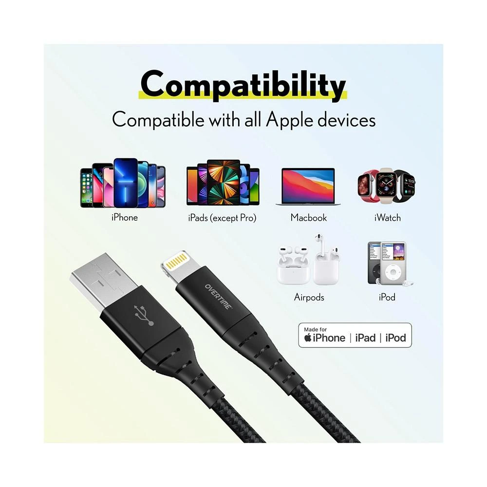 商品Overtime|Apple MFi Certified iPhone 11/XR/SE/10/8 10ft Charging Cable | USB to Lightning Cable for iPhone - Black (2-Pack),价格¥225,第3张图片详细描述