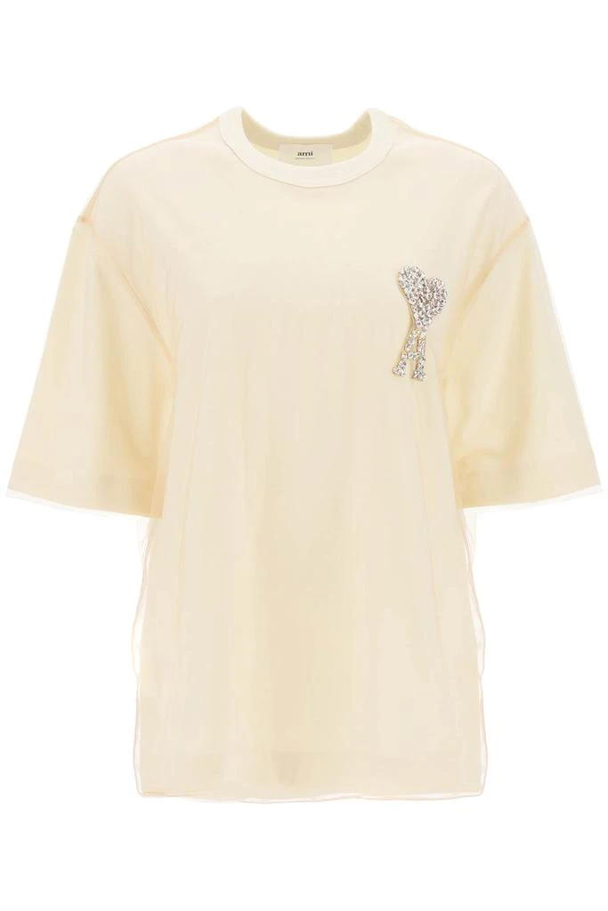 商品AMI|Jersey And Tulle T Shirt With Rhinestone Studded Logo,价格¥3643,第1张图片