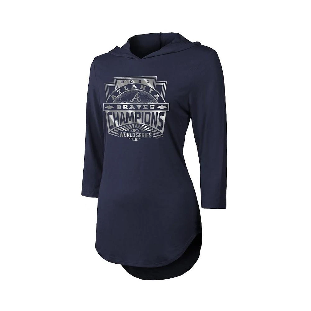 商品Majestic|Women's Threads Navy Atlanta Braves 2021 World Series Champions Hilo 3/4-Sleeve Hoodie T-shirt,价格¥549,第2张图片详细描述