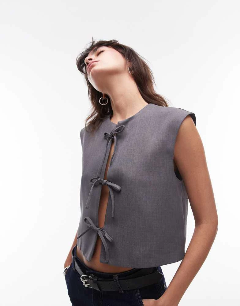 商品Topshop|Topshop tie front cropped waistcoat in grey marl,价格¥87,第2张图片详细描述