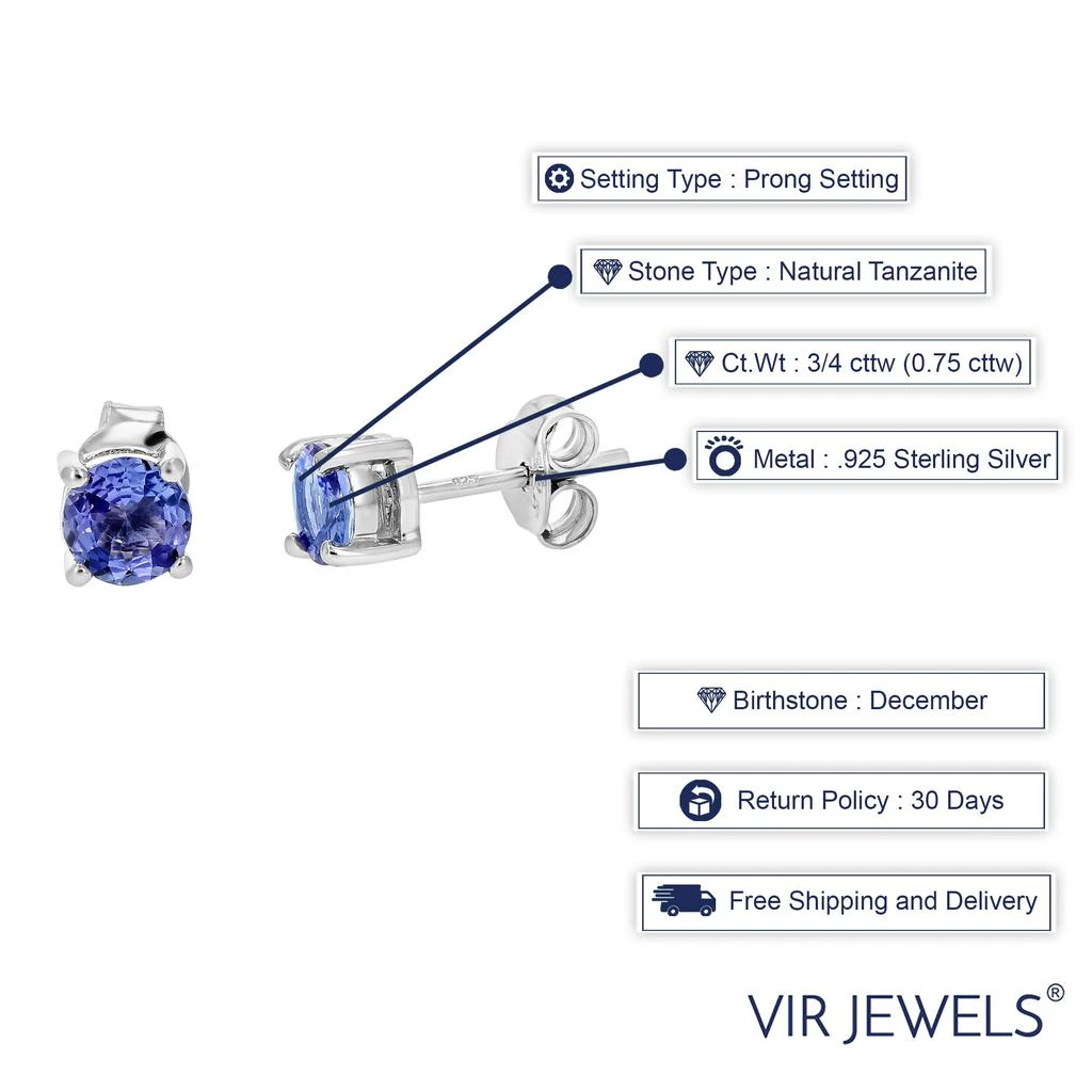 商品Vir Jewels|3/4 cttw Tanzanite Earrings .925 Sterling Silver Rhodium Round Prong Set,价格¥477,第4张图片详细描述