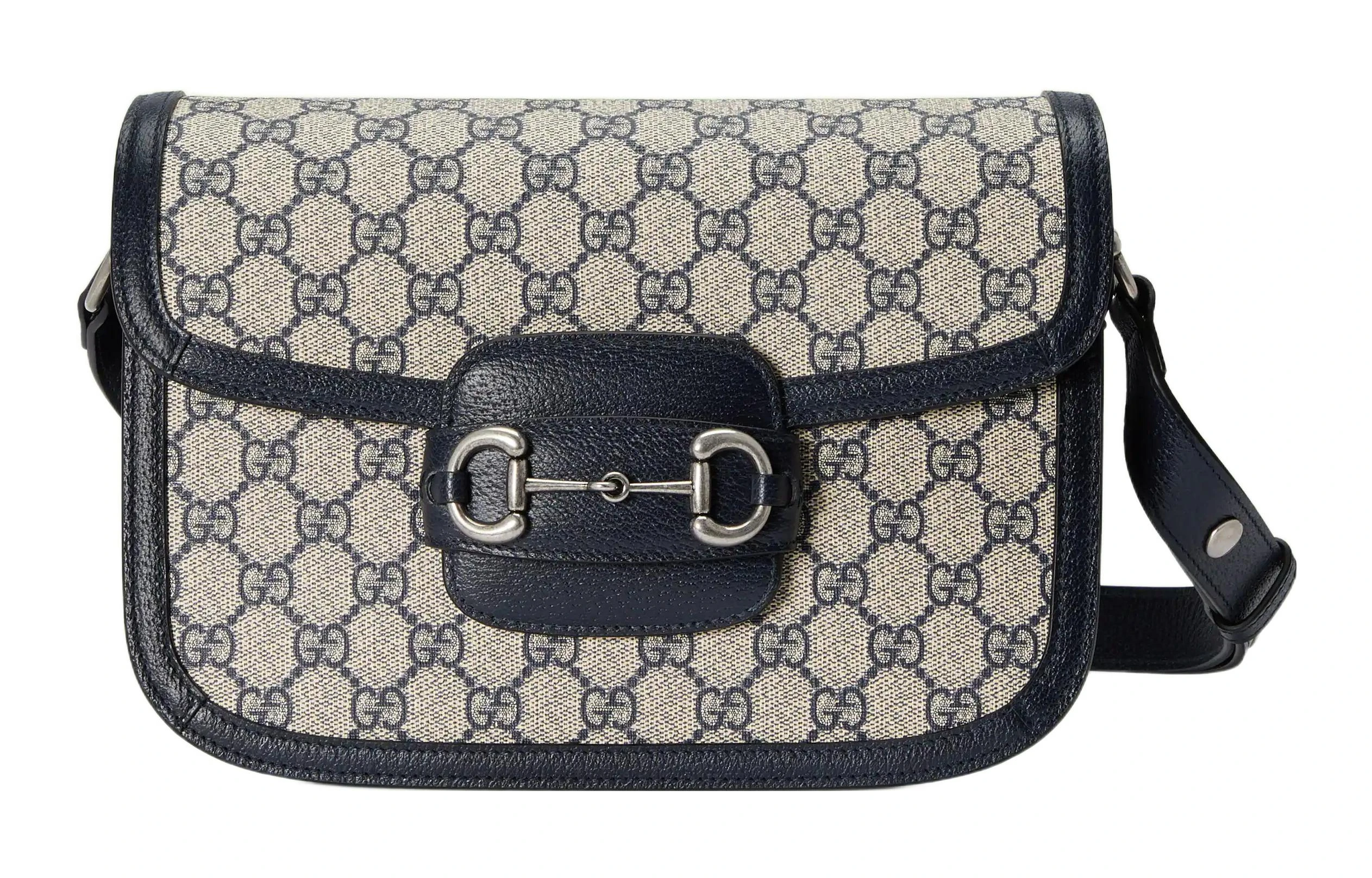 商品[国内直发] Gucci|古驰 Horsebit 1955 复古银扣马衔扣老花Logo 帆布拼皮革饰边 手提单肩斜挎包 小号 男女同款 蓝色/米色,价格¥12716,第1张图片
