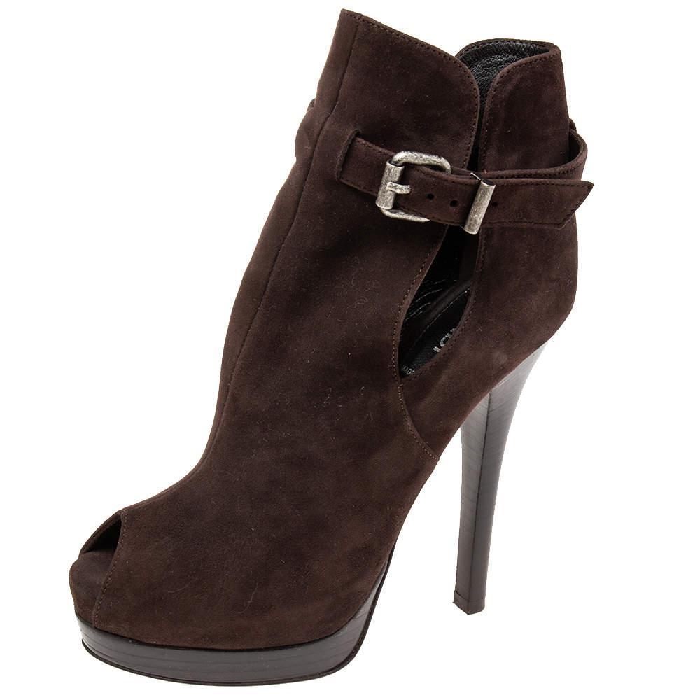 商品[二手商品] Fendi|Fendi Dark Brown Suede Peep-Toe Platform Ankle Booties Size 36,价格¥1076,第1张图片