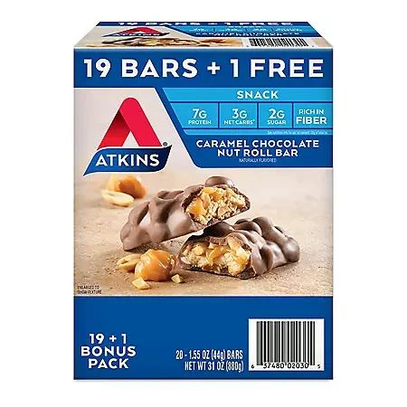 商品Atkins|Atkins Snack Bar, Caramel Chocolate Nut Roll, Keto Friendly (20 ct.),价格¥181,第1张图片