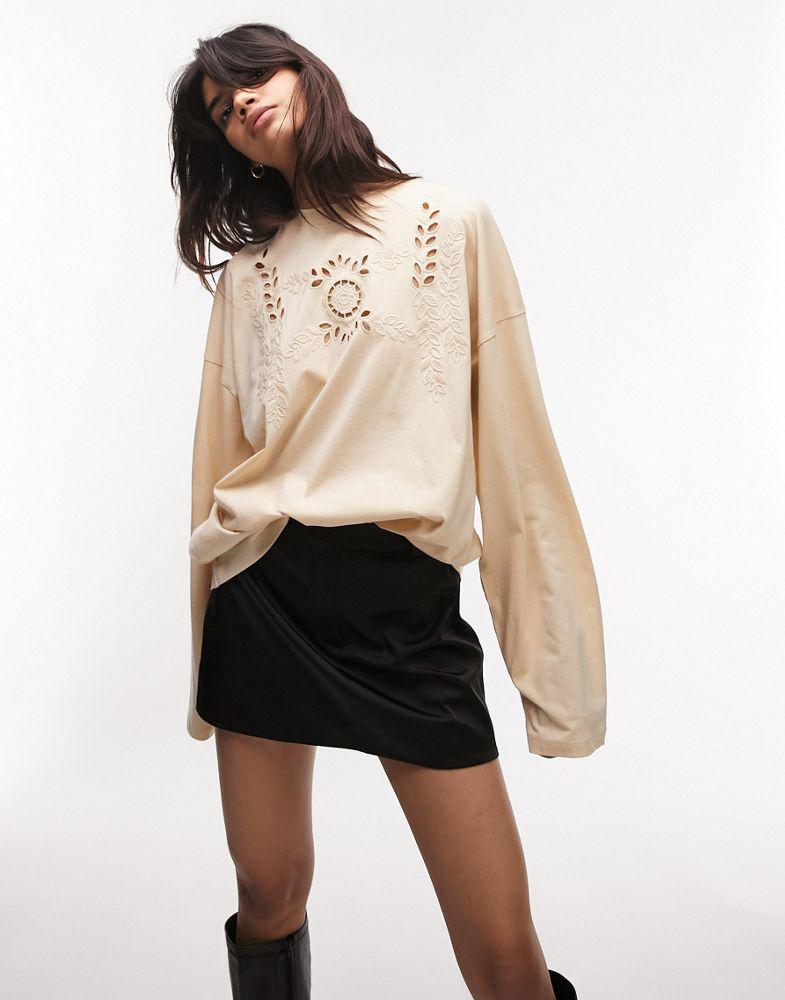 Topshop embroidered long sleeve skater tee in neutral商品第1张图片规格展示