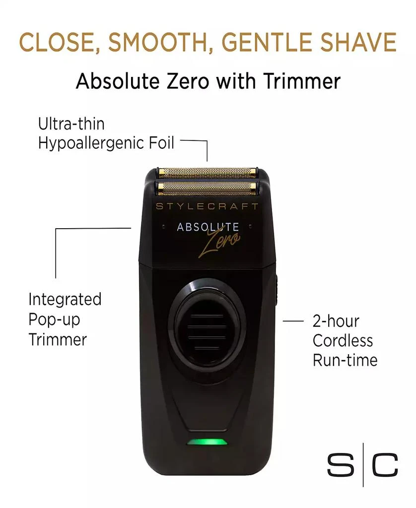 商品StyleCraft Professional|Absolute Zero Professional Mens Foil Shaver with Built-in Retractable Trimmer, USB-C Rechargeable,价格¥481,第2张图片详细描述