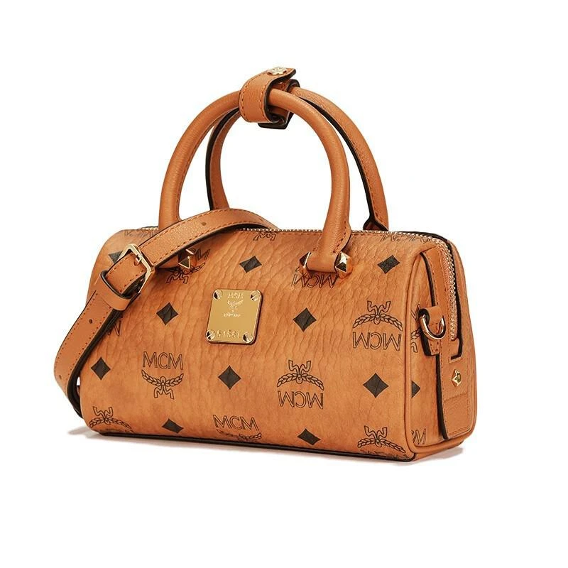 商品[国内直发] MCM|MCM 奢侈品 女士 Essential系列干邑色印花logo迷你波士顿包枕头包单肩手提斜挎包 MWBAASE03CO001,价格¥3676,第7张图片详细描述