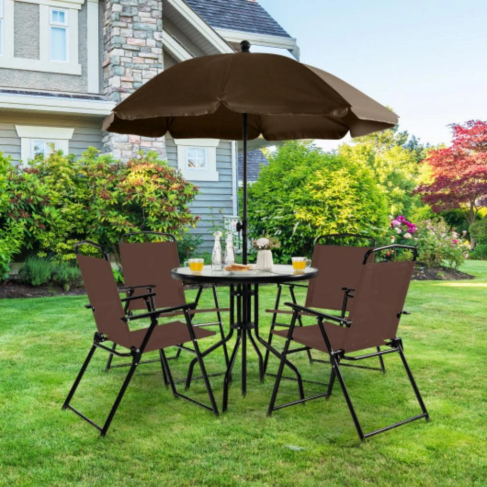 商品Hivvago|6 Pieces Patio Dining Set Folding Chairs Glass Table Tilt Umbrella for Garden-Coffee,价格¥1854,第1张图片