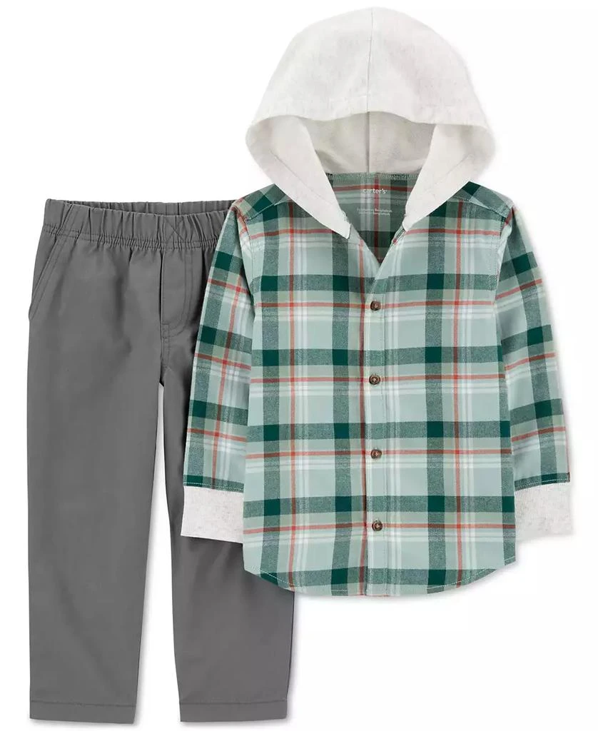 商品Carter's|Toddler Boys 2-Pc. Plaid Hooded Button-Down Shirt & Solid Pants Set,价格¥104,第1张图片