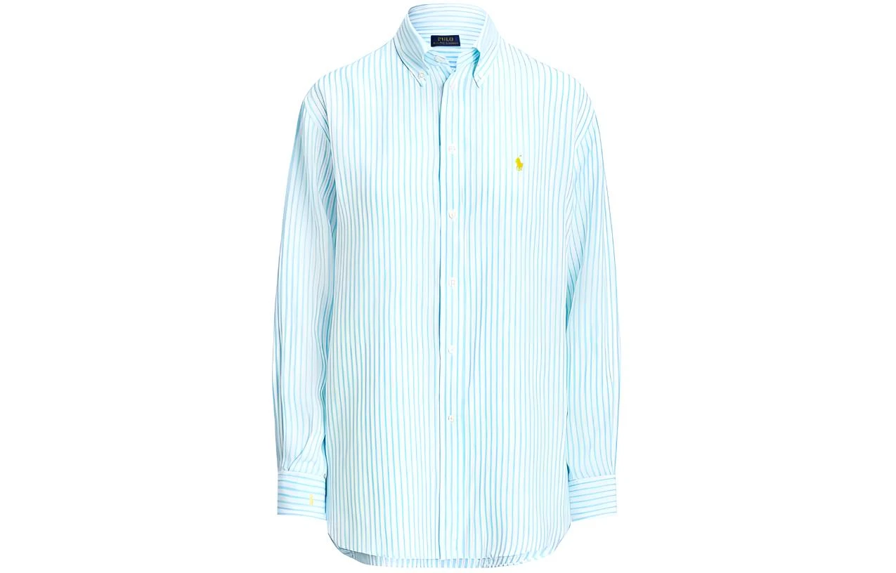商品[国内直发] Ralph Lauren|SS24 条纹Logo刺绣宽松单排扣长袖衬衫 女款 绿松石色,价格¥1363,第1张图片