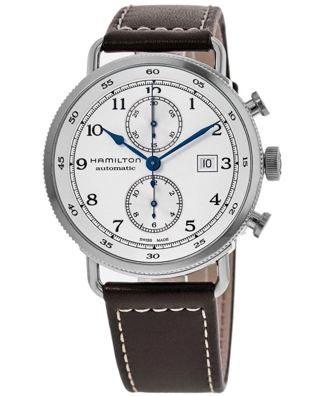 商品Hamilton|Hamilton Khaki Navy Pioneer Auto Chronograph Silver Dial Leather Strap Men's Watch H77706553,价格¥6231,第1张图片