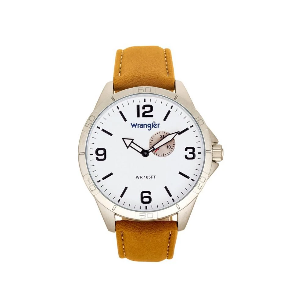 商品Wrangler|Men's Watch, 48MM IP Silver Case with White Dial, Second Hand Sub Dial, Tan Strap,价格¥452,第1张图片