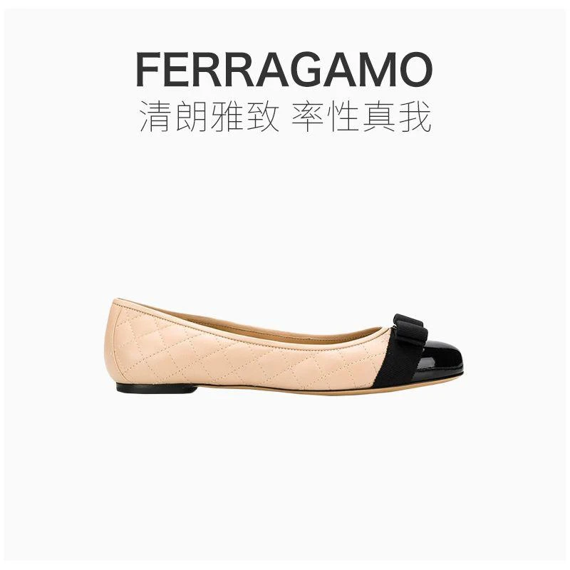 商品Salvatore Ferragamo|SALVATORE FERRAGAMO 女士裸色黑色拼色羊皮菱格平底船鞋 0702228,价格¥5827,第7张图片详细描述