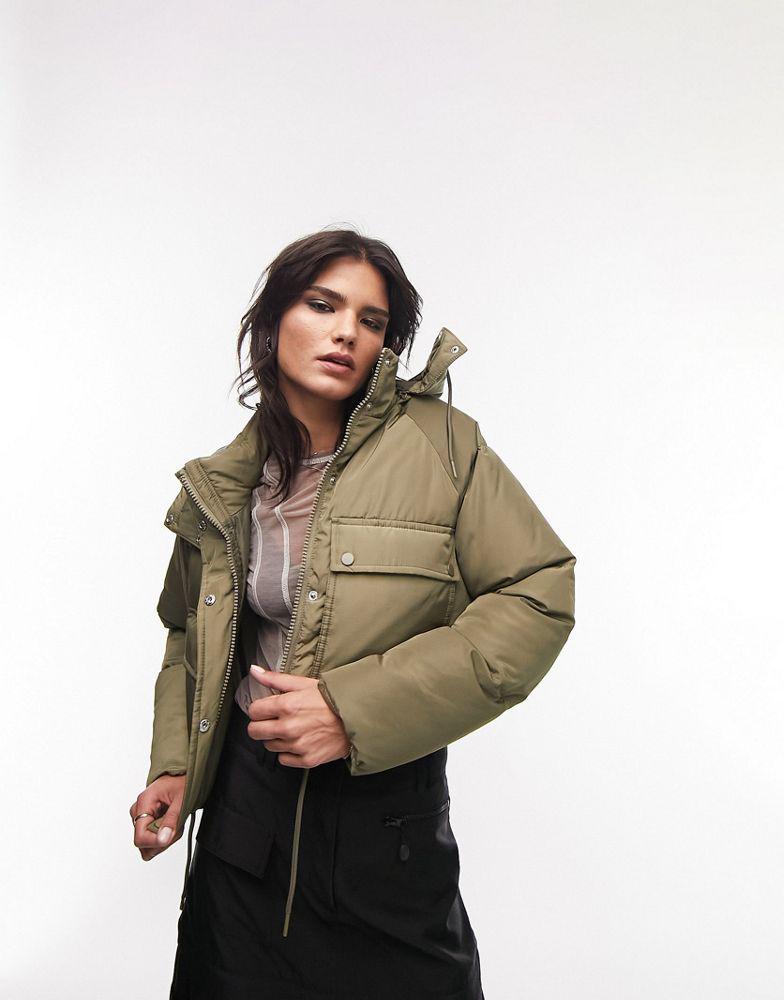 Topshop cropped hooded puffer jacket in khaki商品第1张图片规格展示