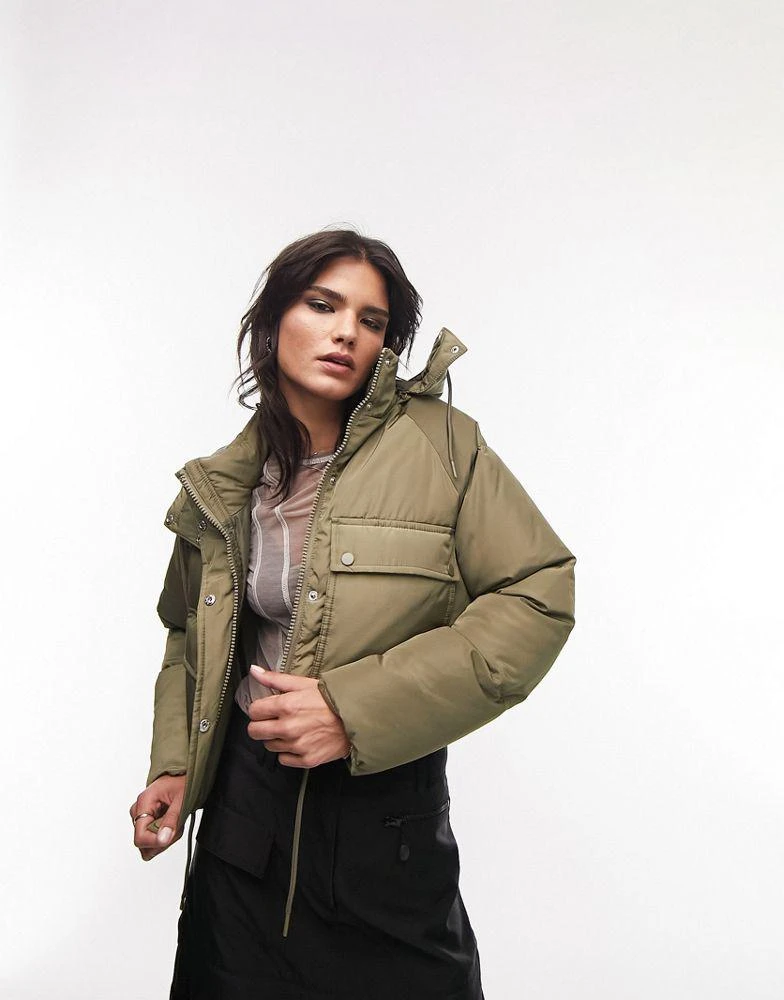 商品Topshop|Topshop cropped hooded puffer jacket in khaki,价格¥329,第1张图片