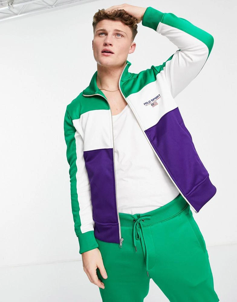 商品Ralph Lauren|Polo Ralph Lauren Sport capsule colourblock tricot track jacket in green multi co-ord,价格¥932,第1张图片