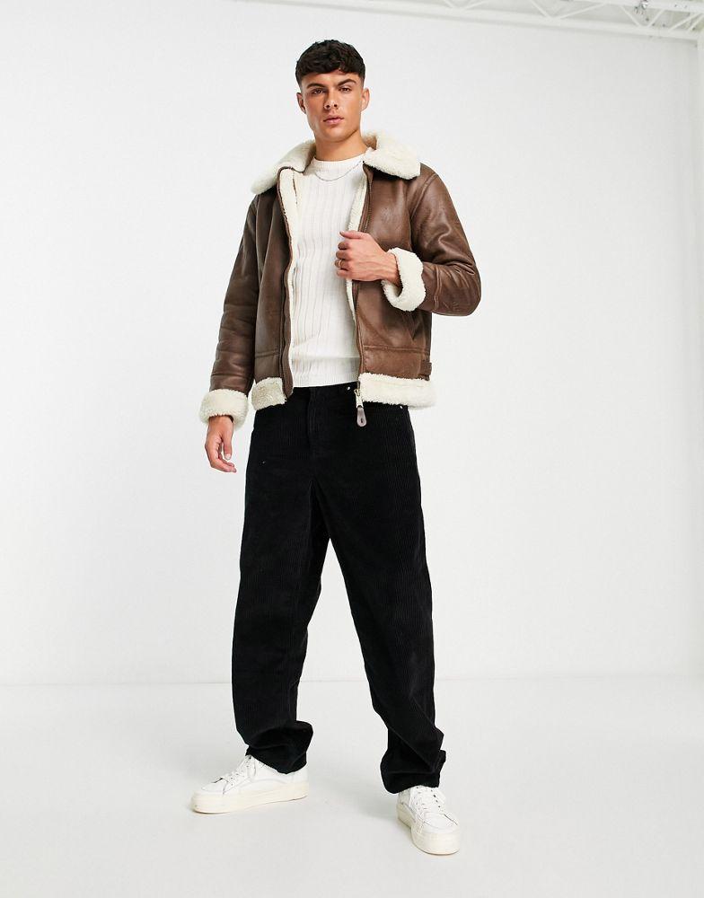 Alpha Industries B3 faux leather shearling flight jacket in brown商品第4张图片规格展示