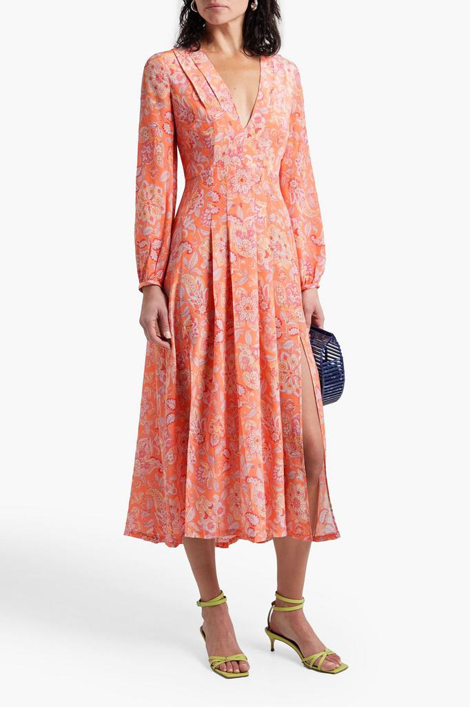 Pleated floral-print silk crepe de chine midi dress商品第2张图片规格展示