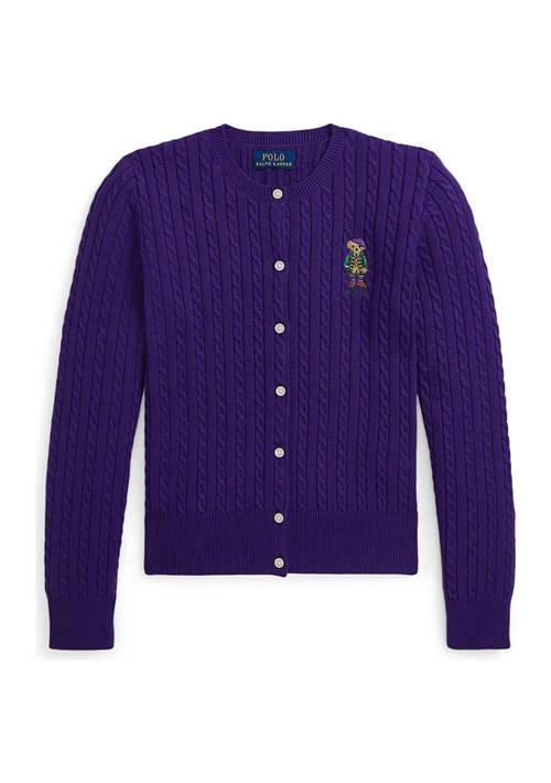 商品Ralph Lauren|Lauren Childrenswear Girls 7 16 Polo Bear Mini Cable Cotton Cardigan,价格¥342,第1张图片