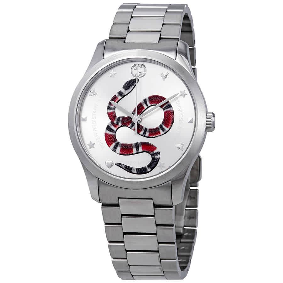 G-Timeless Silver Dial with Snake Motif Stainless Steel Watch YA1264076商品第1张图片规格展示