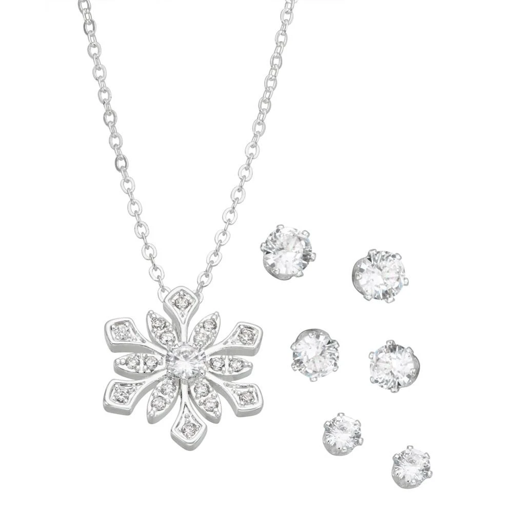 商品Macy's|Silver Plated Cubic Zirconia Snowflake Pendant and Three Piece Earring Set,价格¥89,第1张图片