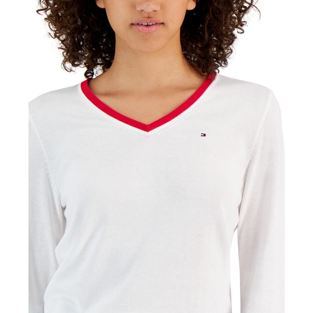 商品Tommy Hilfiger|Women's Ivy Cotton V-Neck Tipped Sleeve Sweater,价格¥290,第5张图片详细描述