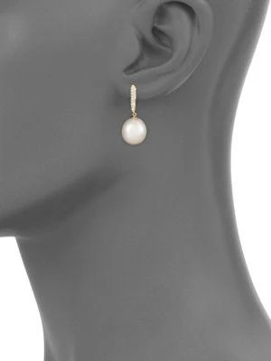 商品Effy|14K Yellow Gold, 10MM Freshwater Pearl & Diamond Drop Earrings,价格¥3041,第2张图片详细描述